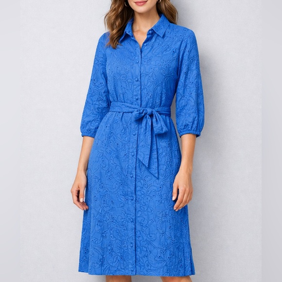 Tahari Dresses & Skirts - 🆕 Tahari Spring Blue Embroidered Shirt Dress XS Belted Button Front Midi Cotton
